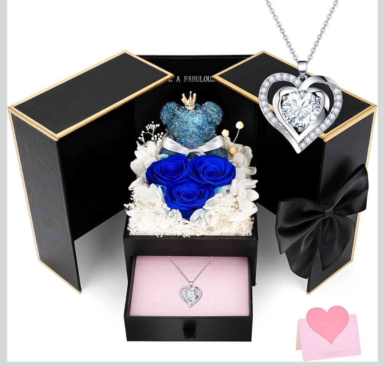 Coffret Cadeau Luxe Ourson & Roses Éternelles avec Collier Cœur