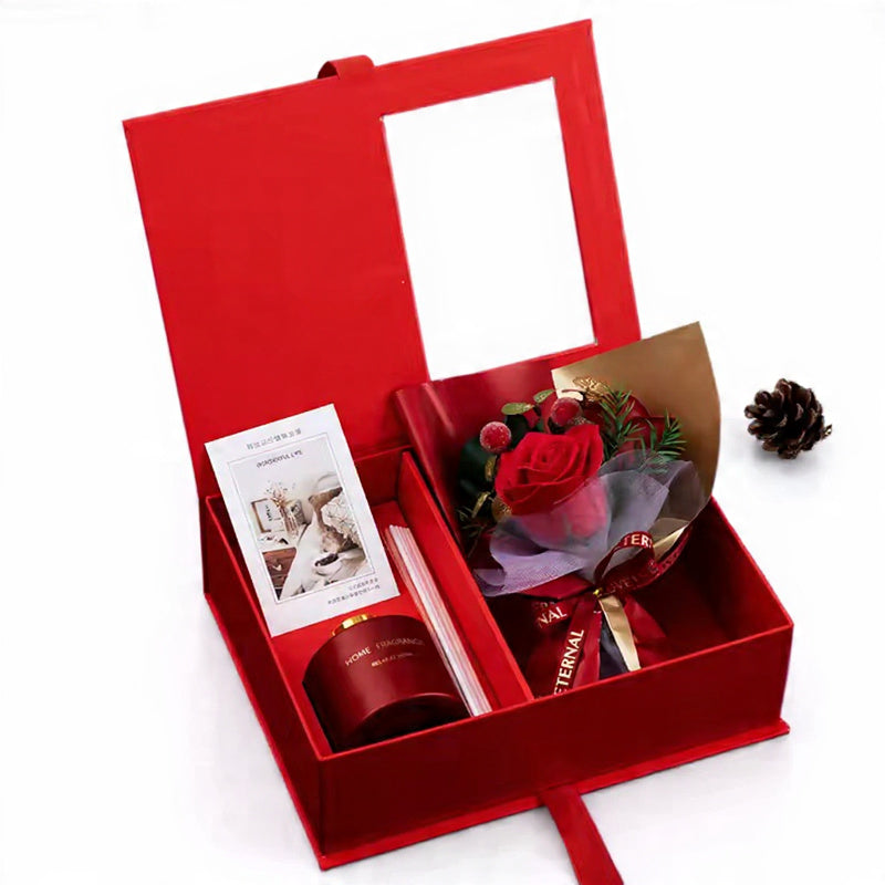 Coffret cadeau rouge avec rose éternelle et bougie parfumée – idée cadeau romantique