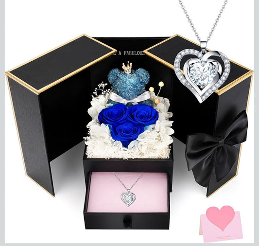 Coffret Cadeau Luxe Ourson & Roses Éternelles avec Collier Cœur